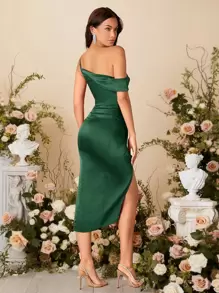 SHEIN Belle 1 pieza Vestido de cuello asimétrico girante - Verde Oscuro - Ver 2
