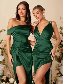 SHEIN Belle 1 pieza Vestido de cuello asimétrico girante - Verde Oscuro - Ver 5