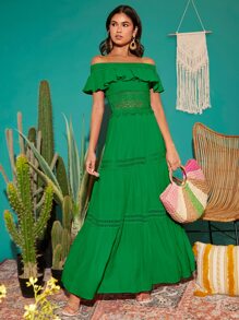 Váy ren Guipure trễ vai viền bèo nhún - màu xanh lá - Xem 1