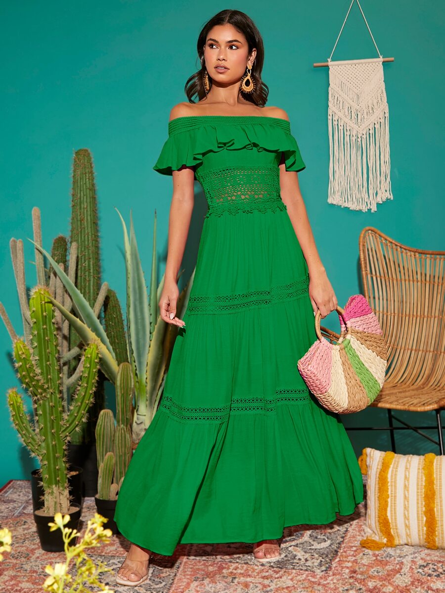 Váy ren Guipure trễ vai viền bèo nhún - màu xanh lá - Xem 1