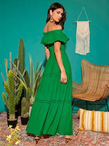 Váy ren Guipure trễ vai viền bèo nhún - màu xanh lá - Xem 2