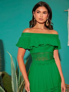 Váy ren Guipure trễ vai viền bèo nhún - màu xanh lá - Xem 3