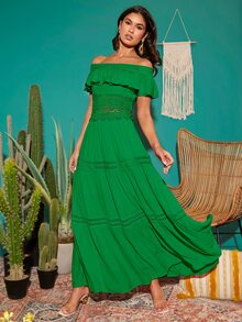 Váy ren Guipure trễ vai viền bèo nhún - màu xanh lá - Xem 4