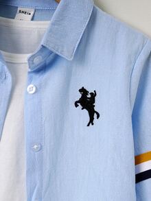 Toddler Boys Horse Embroidery Contrast Striped Tape Shirt