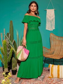 Váy ren Guipure trễ vai viền bèo nhún - màu xanh lá - Xem 7