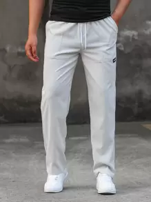 Manfinity Homme 男士休闲字母贴花细节抽绳腰锥形裤，长款锥形浅灰色休闲裤，适合丈夫、男友礼物，秋季