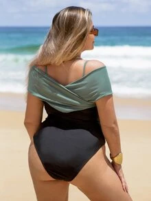 Bikinx Plus Size Two Tone Contrast Mesh Versatile One Piece Swimsuit Summer - Multicolor - View 2