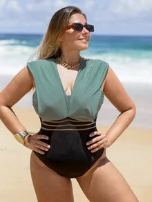Bikinx Plus Size Two Tone Contrast Mesh Versatile One Piece Swimsuit Summer - Multicolor - View 3