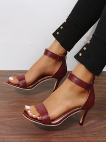 Women Minimalist Stiletto Heeled Ankle Strap Sandals, Fashion Summer Heeled Sandals - Burgundy - View 1