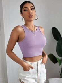 SHEIN EZwear Top tank corto tejido de canalé unicolor - Púrpura malva - Ver 5