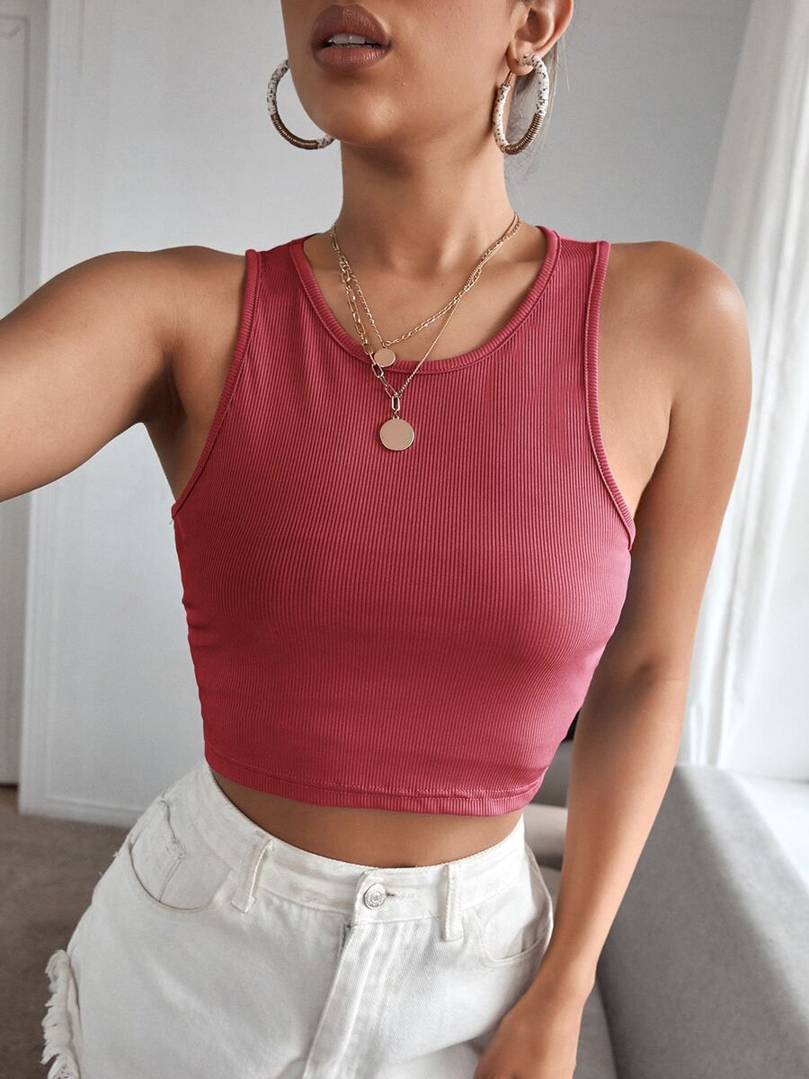 SHEIN EZwear Top tank corto tejido de canalé unicolor - Color caoba - Ver 1