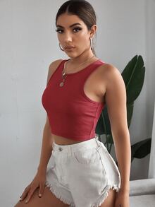 SHEIN EZwear Top tank corto tejido de canalé unicolor - Color caoba - Ver 3