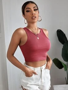 SHEIN EZwear Top tank corto tejido de canalé unicolor - Color caoba - Ver 5