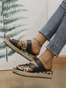 Leopard Print Espadrille Flatform Thong Sandals, Black Espadrilles With Leopard Print, Women's Wedge Heeled Sandals With Thick Soles For Vacation