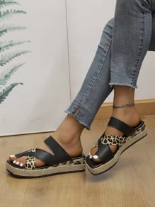 Leopard Print Espadrille Flatform Thong Sandals, Black Espadrilles With Leopard Print, Women's Wedge Heeled Sandals With Thick Soles For Vacation