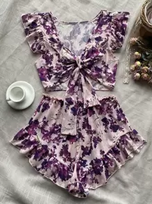 Bộ đồ ngủ Nữ Xù Thắt nơ trước Hoa Dễ thương - Nhiều màu - Xem 1