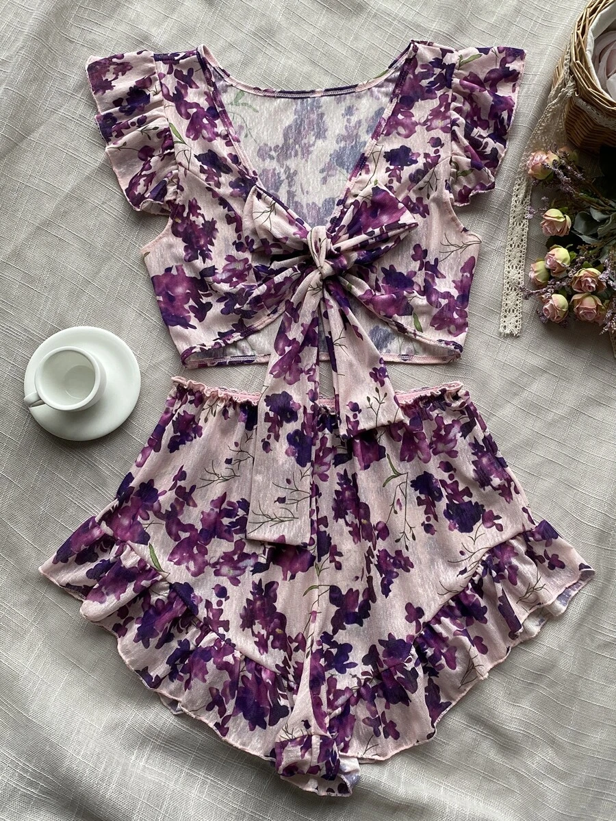 Bộ đồ ngủ Nữ Xù Thắt nơ trước Hoa Dễ thương - Nhiều màu - Xem 1