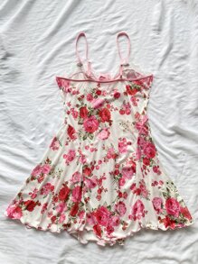 Floral Print Contrast Eyelet Embroidery Knot Front Mesh Night Dress - Beige - View 2