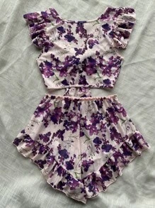 Bộ đồ ngủ Nữ Xù Thắt nơ trước Hoa Dễ thương - Nhiều màu - Xem 2