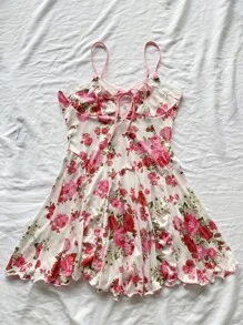 Floral Print Contrast Eyelet Embroidery Knot Front Mesh Night Dress - Beige - View 5