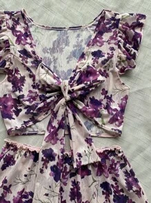 Bộ đồ ngủ Nữ Xù Thắt nơ trước Hoa Dễ thương - Nhiều màu - Xem 4