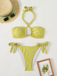 SHEIN Swim Summer Textured Bikini Set Crisscross Wireless Bra Top & Tie Side Bikini Bottom 2 Pieces Bathing Suit - Lime Green - View 1