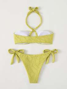 SHEIN Swim Summer Textured Bikini Set Crisscross Wireless Bra Top & Tie Side Bikini Bottom 2 Pieces Bathing Suit - Lime Green - View 2