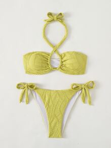SHEIN Swim Summer Textured Bikini Set Crisscross Wireless Bra Top & Tie Side Bikini Bottom 2 Pieces Bathing Suit - Lime Green - View 3