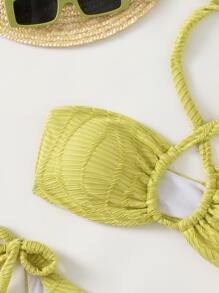 SHEIN Swim Summer Textured Bikini Set Crisscross Wireless Bra Top & Tie Side Bikini Bottom 2 Pieces Bathing Suit - Lime Green - View 4