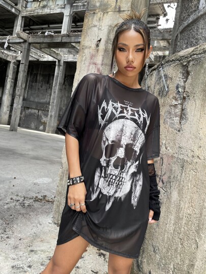 1 pièce Robe à imprimé tête de mort et slogan en tulle