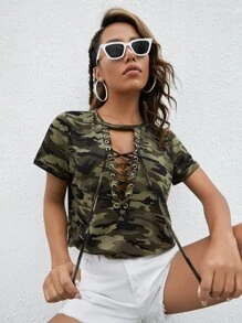Muchica 西部風格迷彩印花扣眼前繫帶鏤空T恤 - 彩色 - 查看 2