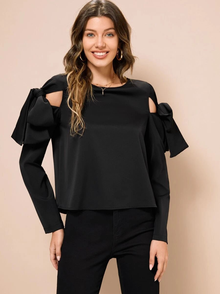 MINA Blusa con cordón de hombros descubiertos de espalda con abertura de ojo - Negro - Ver 1