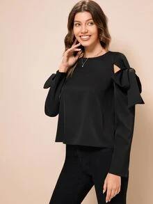 MINA Blusa con cordón de hombros descubiertos de espalda con abertura de ojo - Negro - Ver 3