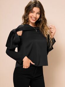 MINA Blusa con cordón de hombros descubiertos de espalda con abertura de ojo - Negro - Ver 5