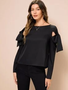 MINA Blusa con cordón de hombros descubiertos de espalda con abertura de ojo - Negro - Ver 6