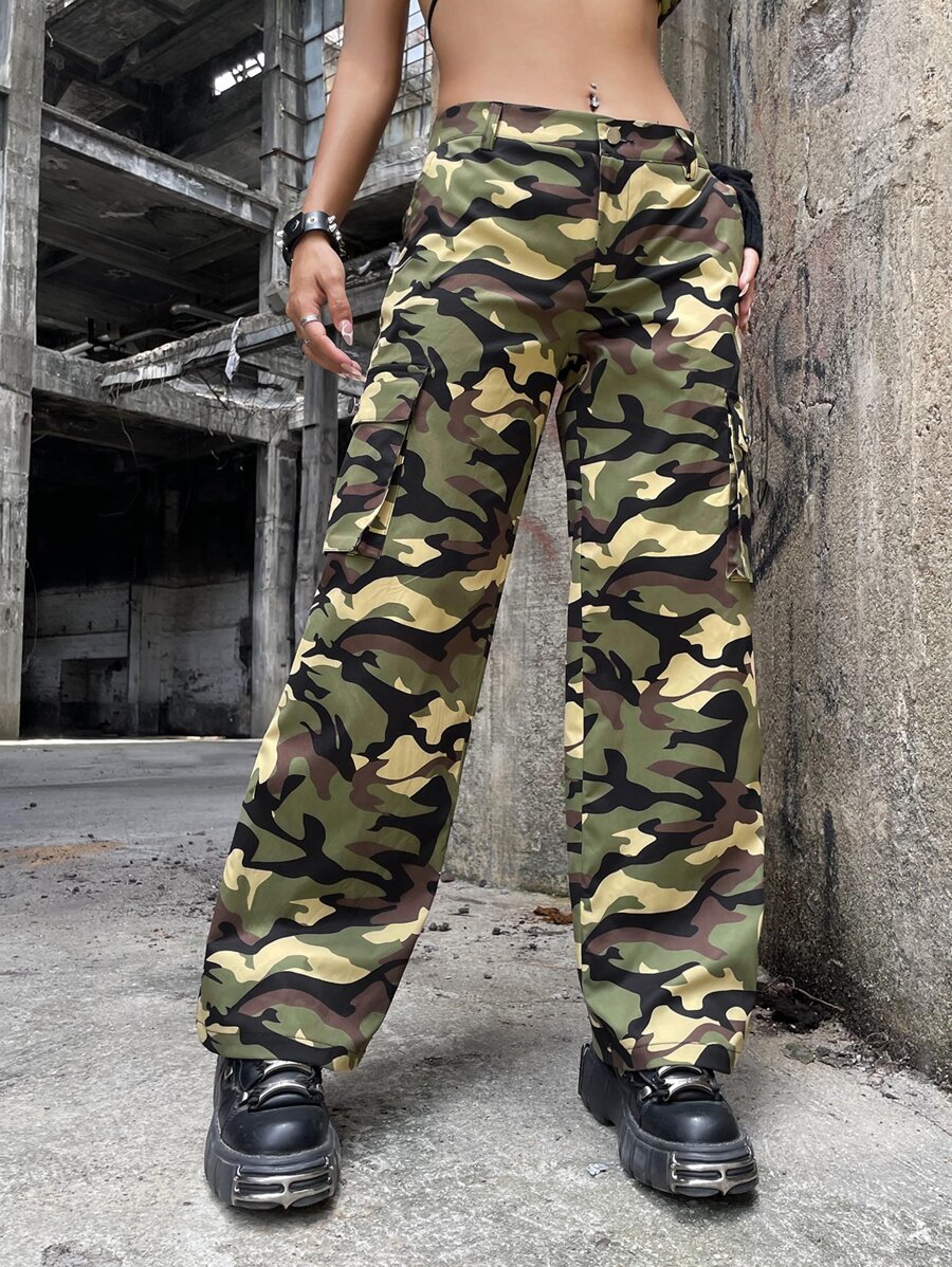 SHEIN ICON Gorpcore Low Rise Camo Print Flap Pocket Cargo Trousers - Multicolor - View 1