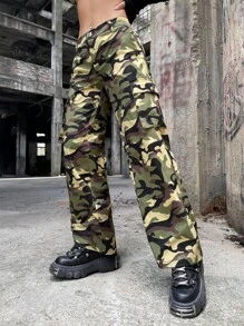 SHEIN ICON Gorpcore Low Rise Camo Print Flap Pocket Cargo Trousers - Multicolor - View 3