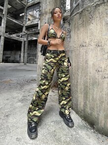 SHEIN ICON Gorpcore Low Rise Camo Print Flap Pocket Cargo Trousers - Multicolor - View 5