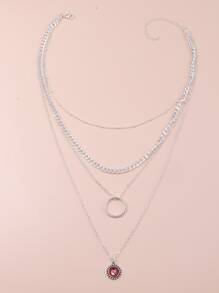 圓形吊墜多層次項鍊 - 銀色 - 查看 6