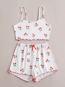 CottageSlumber Cherry Print Bow Front Lettuce Trim Cami PJ Set / Pajama Set White Set Bow Tie - White - View 3