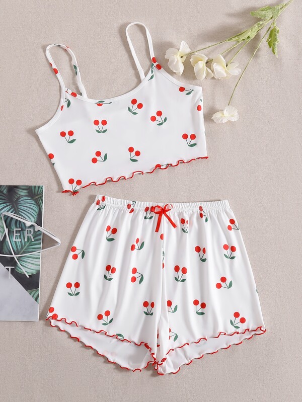Set de pijama cami cu fundă în față cu imprimeu de cireșe, set de pijama, set alb