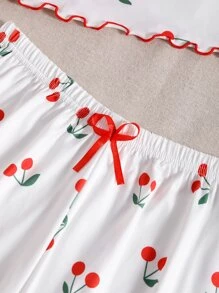 CottageSlumber Cherry Print Bow Front Lettuce Trim Cami PJ Set / Pajama Set White Set Bow Tie - White - View 4