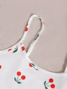 CottageSlumber Cherry Print Bow Front Lettuce Trim Cami PJ Set / Pajama Set White Set Bow Tie - White - View 5