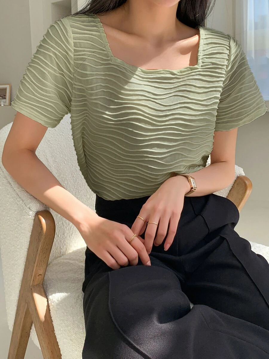 DAZY Blusa de cuello cuadrado con textura, de verano - Verde - Ver 1