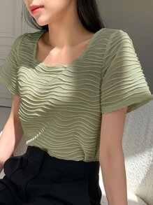 DAZY Blusa de cuello cuadrado con textura, de verano - Verde - Ver 4