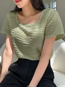 DAZY Blusa de cuello cuadrado con textura, de verano - Verde - Ver 5