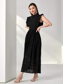 Modelyn Mock Neck Ruffle Trim Contrast Lace Dress - Black - View 3