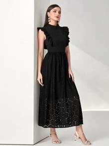Modelyn Mock Neck Ruffle Trim Contrast Lace Dress - Black - View 4