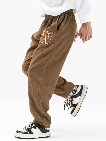 Chillumni 男士字母貼布燈芯絨直筒褲