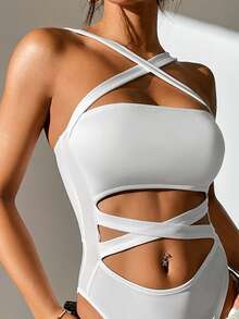 SHEIN PETITE Áo liền quần ôm nữ Hội Chữ thập màu trơn Gợi cảm - trắng - Xem 3